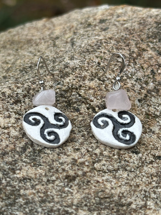 Boucles d'Oreilles Celte - Triskèle | Quartz Rose